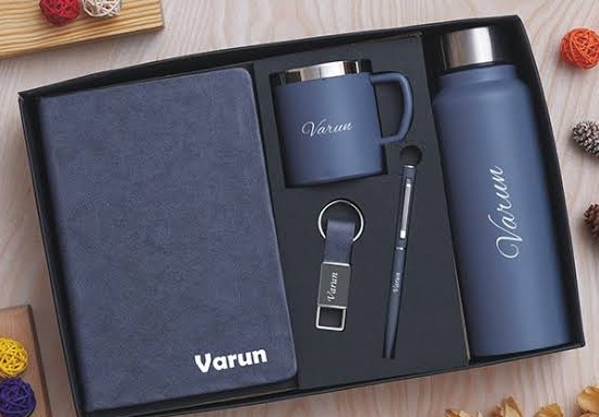 A boxed set of customized corporate gifts