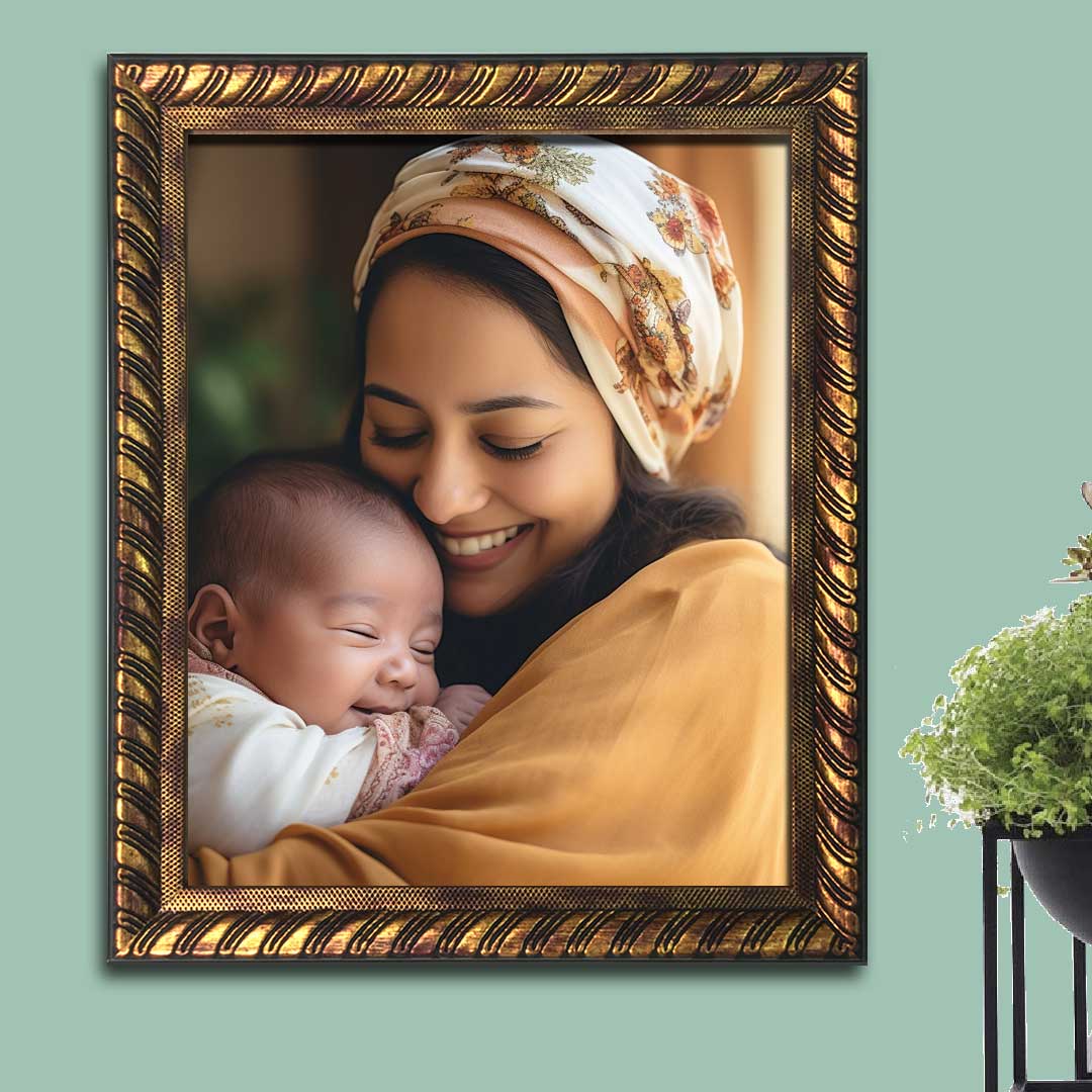 Wooden photo frame with a landscape photograph